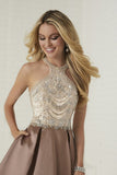 A Line Scoop Satin Prom Dresses With Beads Sweep Train