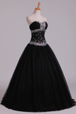 Prom Dresses Ball Gown Black Sweetheart Tulle With Rhinestone Floor Length