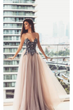 Scoop Prom Dress Tulle Scoop Floor Length Appliques Covered Button