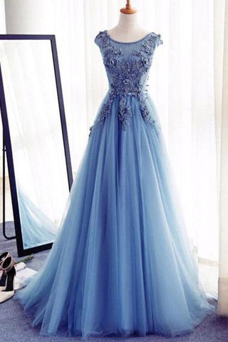 Appliques A-Line Sleeveless Ice Blue Tulle Prom Dresses Long,Evening Dresses,N320