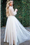 Princess Long Sleeve Lace Top Beach Wedding Dresses With Slit Tulle Ivory Wedding Gowns SJS15299