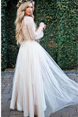 Princess Long Sleeve Lace Top Beach Wedding Dresses With Slit Tulle Ivory Wedding Gowns SJS15299