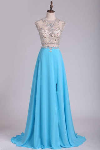 Scoop Prom Dresses Chiffon With Slit And Beads A Line