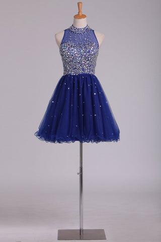 High Neck Homecoming Dresses Beaded Bodice A-Line Dark Royal Blue Tulle Short/Mini