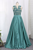 Prom Dresses A Line Scoop With Applique Satin Sweep Train