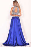 Prom Dresses A Line Two Pieces With Rhinestones Stretch Satin