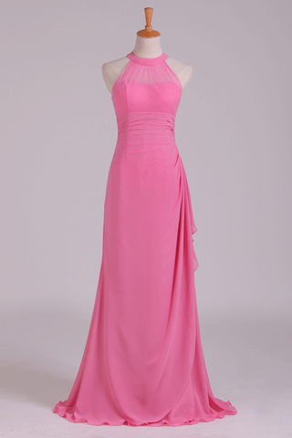 Scoop Sheath Bridesmaid Dress Chiffon With Ruffles Floor Length