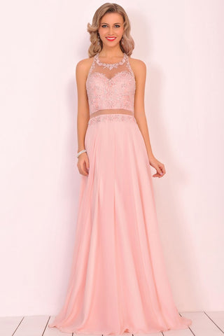 Chiffon Halter Open Back Prom Dresses With Beads And Embroidery A Line