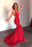 Mermaid Open Back Evening Dresses V Neck Satin Sweep Train