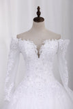 New Wedding Dress A-Line Scoop Long Sleeves Tulle Court Train With Applique