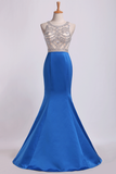 Two-Tone Bateau Mermaid Prom Dresses Beaded Bodice Satin And Tulle Sweep Train