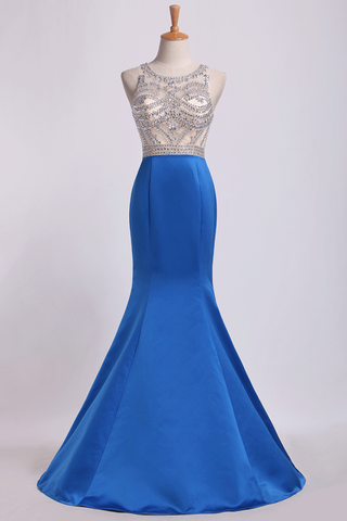 Two-Tone Bateau Mermaid Prom Dresses Beaded Bodice Satin And Tulle Sweep Train