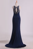 Spandex Scoop With Beading Sheath Evening Dresses Open Back Sweep Train