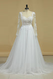 Boat Neck Wedding Dresses A-Line Long Sleeves Applique Tulle