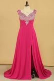 Prom Dresses Straps With Beads And Slit Sweep Train Plus Size