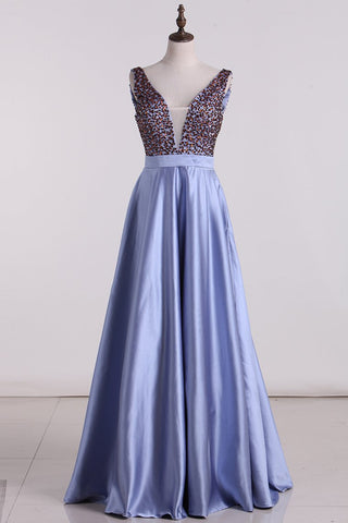 Satin Prom Dresses A Line Beaded Bodice Open Back A Line