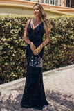 V-Neck Spaghetti Straps Velvet Dark Navy Blue Mermaid Evening Dress, Prom Dresses SJS15480