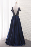 V Neck Beaded Bodice Satin A Line Open Back Floor Length Prom Dress