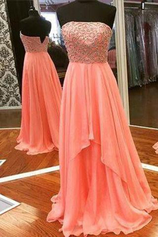 New Arrival Modest Strapless Straps Long Chiffon Pearl Pink Beaded Sexy Prom Dresses JS53