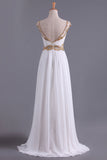 White A Line Prom Dresses Bateau Open Back Chiffon With Beads & Ruffles Sweep Train