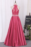 New Prom Dresses A-Line Scoop Floor-Length Lace And Satin With Side Pockets