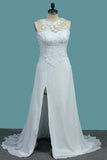 A Line Scoop Chiffon Wedding Dresses With Applique And Slit Sweep Train