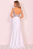 Spandex V Neck Beaded Bodice Mermaid Sweep Train Prom Dresses See-Through