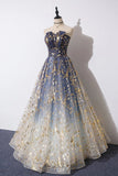 Charming Blue Floral Print Tulle Strapless Long A Line Prom Dresses, Dance Dresses SJS15097