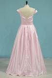 New Arrival Off The Shoulder Prom Dresses A Line Satin With Beads