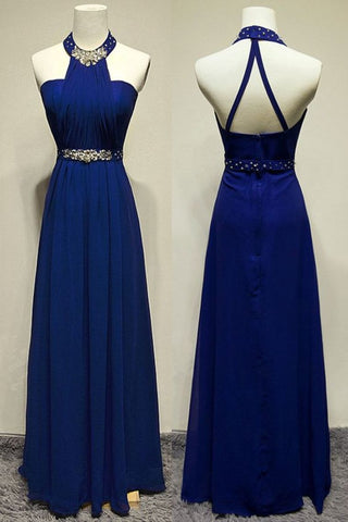 Prom Dresses A Line Halter Chiffon Zipper Up With Beads And Ruffles Floor Length