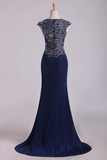 New Arrival Scoop Evening Dresses Cap Sleeves Chiffon Sheath With Applique