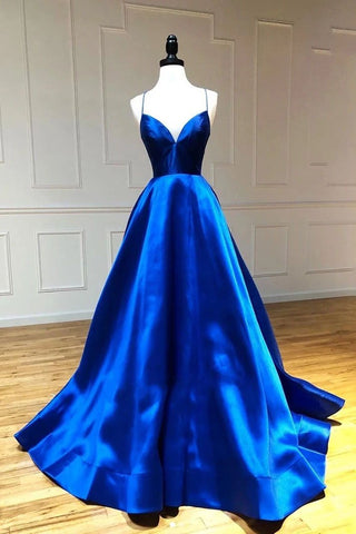 Simple A Line Satin Spaghetti Straps Royal Blue Long V Neck Prom SJS15669