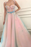 Stunning Applique A-Line Spaghetti Straps Tulle Sweetheart Prom Dresses with Belt SJS15434