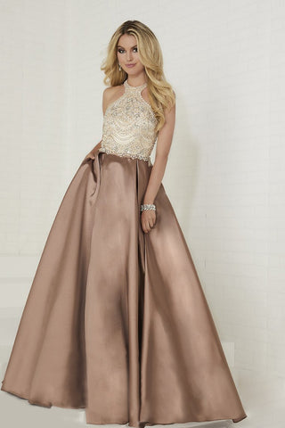 A Line Scoop Satin Prom Dresses With Beads Sweep Train