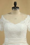 New Arrival Wedding Dresses V Neck Short Sleeves Satin A Line