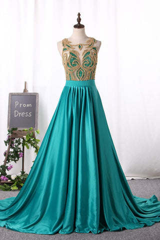 Prom Dresses Stretch Satin A Line Scoop Beaded Bodice