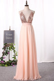 New Arrival Sexy Spaghetti Straps Prom Dresses A Line Chiffon With Slit Zipper Up