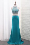 Spandex Mermaid Two-Piece Scoop Prom Dresses Beaded Bodice