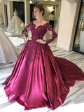 Ball Gown Long Sleeves Burgundy Satin Beads Prom Dresses with Appliques, Quinceanera Dress SJS15498