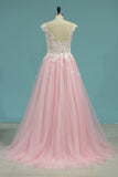 Prom Dresses A Line Scoop With Applique Tulle Sweep Train