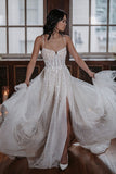 Gorgeous Spaghetti Straps A Line Slit Tulle Wedding Dresses