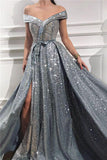 Elegant Sequins Off the Shoulder Sleeveless Prom Dresses, Silver Slit Evening Dresses SJS15199