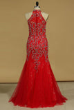 Mermaid Prom Dresses High Neck Beaded Bodice Tulle Floor Length