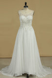 Chiffon Spaghetti Straps Beaded Bodice Wedding Dresses A Line