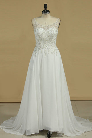 Chiffon Spaghetti Straps Beaded Bodice Wedding Dresses A Line