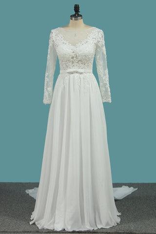 Long Sleeves A Line Scoop Wedding Dresses With Applique And Sash