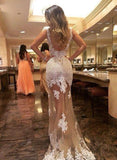 Generous Prom Dress Champagne Tulle Backless with whiter Lace appliques Evening Dress JS841