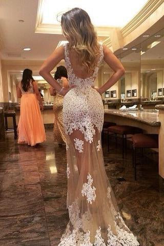 Generous Prom Dress Champagne Tulle Backless with whiter Lace appliques Evening Dress JS841