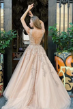 A Line Bateau Neckline Beadings Sash Prom Gown Champagne Appliques Lace Up Back Prom SJSP9H7T9ZJ