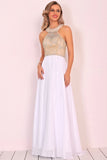 Halter Beaded Bodice Prom Dresses A Line Chiffon Sweep Train